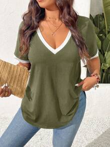 SHEIN Frenchy Áo thun nữ cổ chữ V tay ngắn màu tương phản cỡ lớn, thường ngày đa năng, mùa hè - xanh quân đội - Xem 5