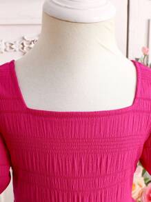 Elladie kids 女孩夏季休闲时尚纯色甜美泡泡袖连衣裙，可拆卸蝴蝶结后背设计，适合休闲度假穿着 - 粉色 - 查看 5