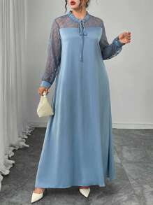 Lacomfia V-Neck Long Sleeve Contrast Lace Flared Dress, Spring/Summer Fall Cloth For Women - Blue - View 4