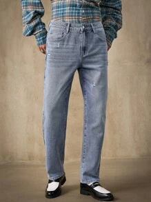 RivetRise Quần jeans ống đứng màu xanh nhạt, đơn giản, rách dành cho nam - Rửa nhẹ - Xem 5
