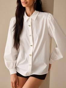 Lilora Áo sơ mi kim loại nút độc đáo, phong cách đô thị, thanh lịch, giản dị, đi chơi, tiệc tùng hàng ngày, phong cách đô thị, dành cho nữ, đi làm thường ngày, giải trí đô thị, lãng mạn và thanh lịch - trắng - Xem 3