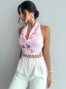 Firerie Women's V Neck Sequin Embroidered Textured Tassel Top Elegant Vacation Sequin Fringe Cami Top For Woman Vacation, Spring/Summer Wear, Festival/Party/Homecoming/Music Festival All-Match Summer Wedding Guest Female/Beachwear, Commute, Elegant, Sexy, Vacation, Beach, Bohemian, Hawaii, Music Festival, Romantic, Date - Mocha Brown - View 4