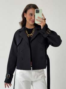 Aloruh Damen Einfarbiger Kragen Raglan Ärmel Doppelreiher Lässig Trenchcoat für Herbst/Winter