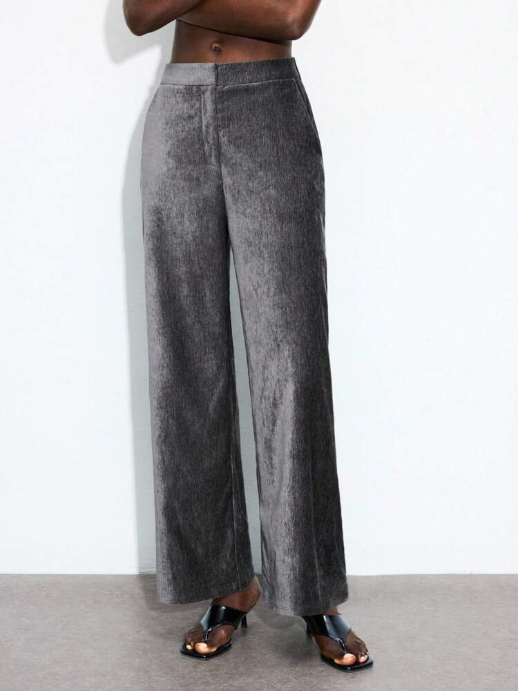 SHEIN Maija 2025 Corduroy & Lurex Women's Suit Pants, Suitable For Party Season And Back To School Season Gray Suit Pants,Autumn, Fall, Autumn, Winter, Halloween, Party, Gray Pants, Trousers,Metallic Thread Fabric Design