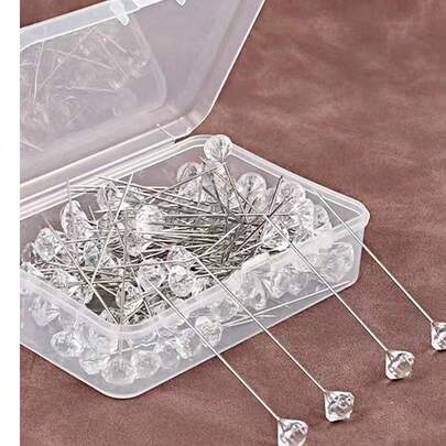 100 piezas de alfileres con cabeza de cristal de rhinestone con caja de plástico, utilizados para costura de boda, manualidades DIY y decoración