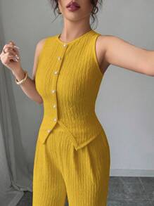 Elenzga 女士时尚纯色纹理优雅办公室服装，包括纽扣式无袖修身背心和高腰宽松阔腿裤