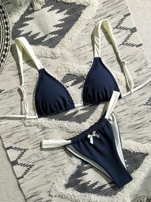 SHEIN 2025新款女士比基尼套装性感三角包沙滩度假休闲夏季 - 藏蓝色 - 查看 1