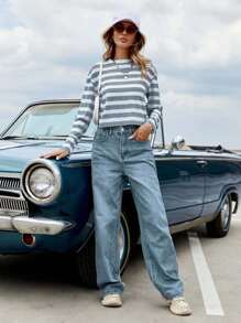 EURMUSE Striped Print Drop Shoulder Tee - Light Grey - View 5