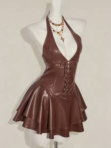 SHEIN ICON Women's Y2k Fashionable Gyaru Concert Women Outfit Club Party Festival Rave Outfit Y2k Going Out Cross Strap PU Leather Open Back Mini Halter Black Dress