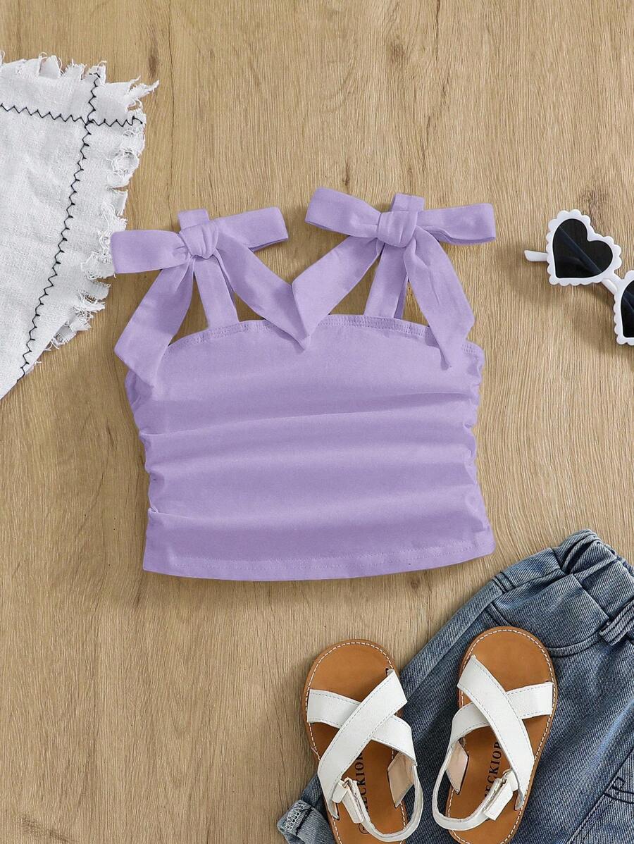 年轻女孩优雅纯色修身甜美蝴蝶结系带肩侧褶吊带背心，妈妈和女儿及姐妹搭配 - 紫色 - 查看 1