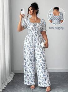 Elenzga 女式方领碎花前系带灯笼袖后开襟连体裤 - 白色 - 查看 1