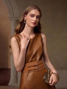 MOTF PREMIUM PU皮革刺绣连衣裙 - 棕色 - 查看 6