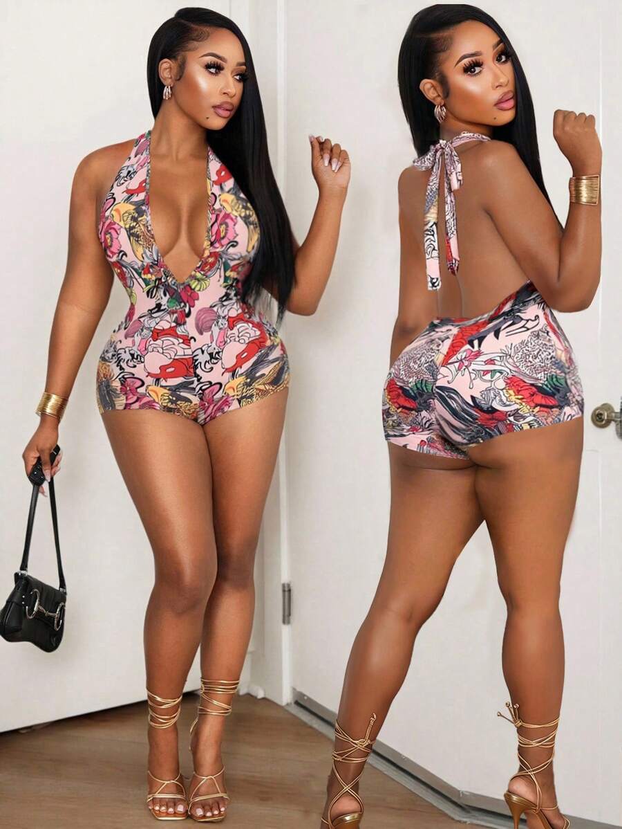 BamGleam 2025夏季新款休闲街头音乐节购物性感露背图案女弹力紧身裤-Z - 黑色 - 查看 1