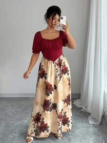 Elenzga Đầm suông cổ tim in hoa tay bồng cạp cao thanh lịch cỡ lớn cho nữ - Nhiều màu - Xem 5