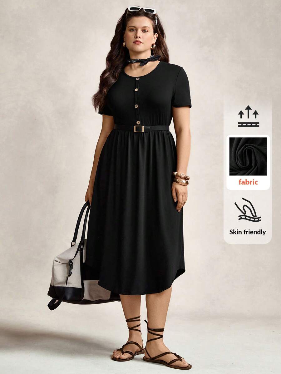 Zelara Plus Size Basic Black Short Sleeve Dress With Front Middle Button And Decorative Round Neckline, Comfortable And Breathable For Spring And Summer Navycore Outfits - Black - View 1