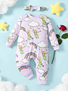 LE PETIT PRINCE X SHEIN Baby Girl Cartoon Rainbow Cloud Star Allover Print Long Sleeve Jumpsuit & Purple Bow Headband - Purple - View 1