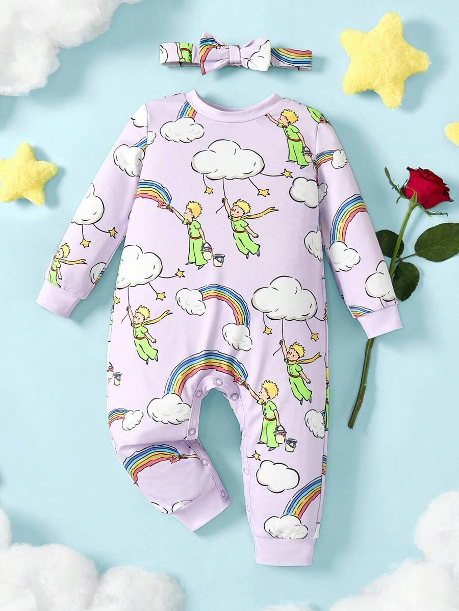 LE PETIT PRINCE X SHEIN Baby Girl Cartoon Rainbow Cloud Star Allover Print Long Sleeve Jumpsuit & Purple Bow Headband - Purple - View 1