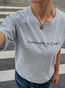 DAZY Camiseta gris holgada y casual con estampado de letras para mujer - Gris - Ver 5