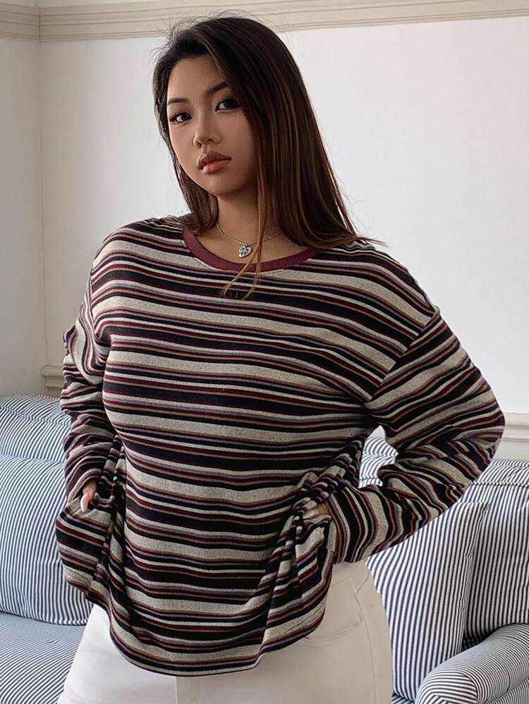 Dazy Plus Valentine Striped Color Block Loose Fit Crew Neck Long Sleeve Plus Size Women Casual T-Shirt