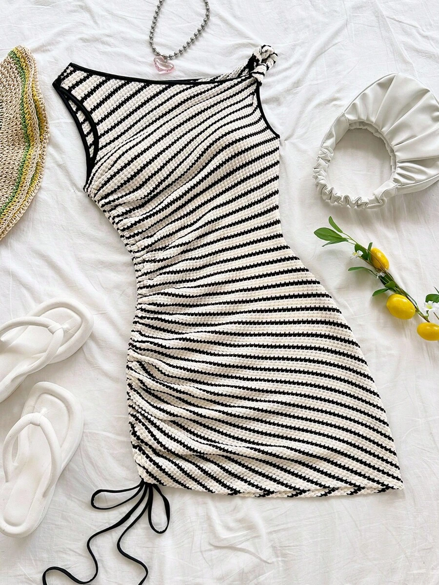 Soleia 女士度假活力条纹不对称扭纹抽绳褶饰紧身迷你连衣裙，时尚休闲，海滩，派对 - 咖啡 - 查看 1