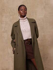 SHEIN Privé VITNOS Fall Summer Modest Old Money Holiday Party BOHO Women's Solid Color Lapel NeckCasual Long Sleeve Fashion Trench Coat - Dark Green - View 4