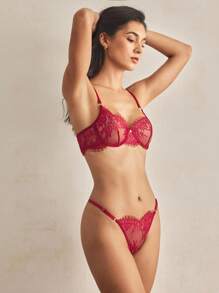 Charlaine Floral Lace Underwire Lingerie Set - Burgundy - View 5
