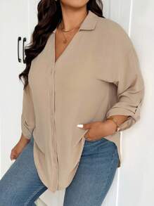 SHEIN Frenchy 大码女式白色雪纺衬衫，时尚宽松半透明休闲衬衫，2025年春夏新品 - 杏色 - 查看 6