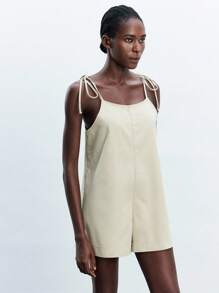 Maija Women's Khaki Denim Overalls And Jumpsuits Casual Fit Suspender Romper Shorts - Khaki - View 6