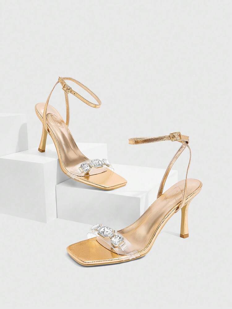 CUCCOO SZL Women's Champagne Metallic Acrylic Glass Strap Buckle Decor Strap Ankle Strap Square Toe Fashionable Sexy Elegant Metallic High Heel Sandals