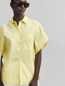 Ontre Camiseta casual de manga corta con media plaqueta de unicolor para mujer 2025, adecuada para uso diario casual, festivales de música, brunch, verano, elegante camisa para damas, desgaste de fiesta, casual empresarial