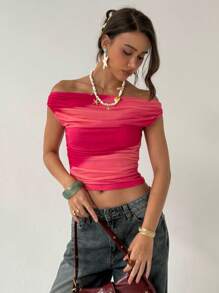 Aloruh Women's Fashion Ombre Off-Shoulder Ruched Fitted T-Shirt, Summer Beach Vacation Boho Tropical Concert Rave Festival Country Concert Ibiza Nashville Western Wear Streetwear Gyaru Cute Tops - Pink - View 5