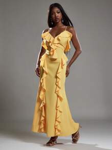 NYA SZN 连衣裙 V 领低胸荷叶边细节早午餐特殊场合生日度假海滩婚礼宾客新娘派对春夏长款女式连衣裙