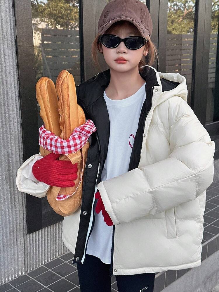 Teen Girl Hooded Casual Long Padded Coat, Korean Style, Solid Color, Winter