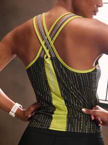 Powerista Damen Buchstaben Muster Saum Kreuz-Design Lässiges Fitness Sport Tank Top