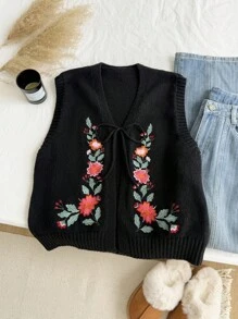 SHEIN EZwear Plus Size Women Floral Embroidery Front Tie Knit Vest Autumn Winter Clothes For Women - Black - View 1