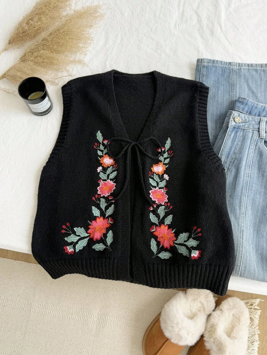 SHEIN EZwear Plus Size Women Floral Embroidery Front Tie Knit Vest Autumn Winter Clothes For Women - Black - View 1