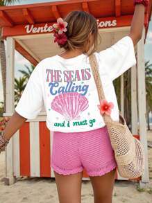 DrmWander 女式夏季字母与贝壳印花圆领落肩休闲T恤