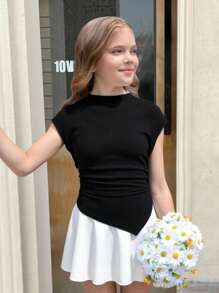 SHEIN 青少年女孩休闲时尚针织纹理修身中式领褶饰不对称下摆短袖 T 恤，适合春夏季 - 黑色 - 查看 5