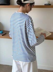 INAWLY 休闲设计系带宽松条纹衬衫 - 藍色 - 查看 3