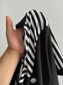 Elenzga Plus Size Women's Casual Black & White Striped Patchwork Short Sleeve Shirt