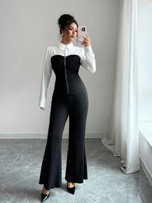 Elenzga Women's Business Casual Patchwork Shirt And Flare Pants 2 Pieces Set Fall Cloth For Women - Black - View 5
