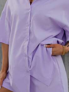 SAYEHFBABY 素色前排扣落肩袖襯衫和短褲 - 紫丁香色 - 查看 4
