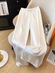 Franclia 优雅休闲直筒亮面编织腰系带女式白色裤子，春夏 - 白色 - 查看 4