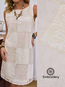 LanaWest Women's Elegant Apricot Hollow Out Embroidered Design Textured Fabric Fitted Casual/Holiday Mini Dress, Sleeveless Round Neck - Apricot - View 1