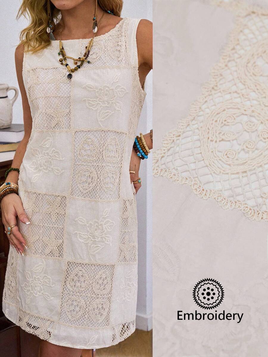 LanaWest Women's Elegant Apricot Hollow Out Embroidered Design Textured Fabric Fitted Casual/Holiday Mini Dress, Sleeveless Round Neck - Apricot - View 1