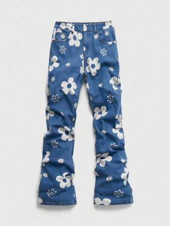 Street Life Jeans évasés décontractés avec motif floral de poche pour hommes