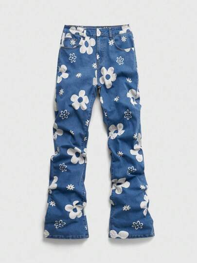 Street Life جينز بنقشة زهرية جيب، واسع عند الساق للرجال