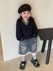 DAZY Áo len dài tay cổ chữ V phối màu cho bé gái, thích hợp mặc mùa thu đông. - Màu xanh lam - Xem 5