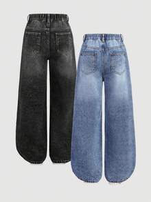 Girlism Tween Girls 2Pcs Fashion Casual Y2k Vintage Cool Street Returns To School College Semi-Elastic Waist Black And Blue Denim Fleece Sole Two Pieces Loose And Comfortable Straight-Leg Jeans For Kids Clothes Tween Girls Costume Dailywear And Kids Winter And Fall Rave Outfits Festival And At Home Outfits Streetwear School Clothes