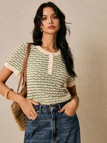 Poéselle Women's Casual Striped Short Sleeve Knit Top, Summer - Green - View 3